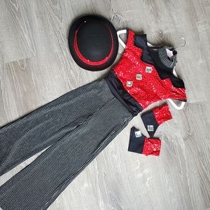 4 Piece red and black pants jumpsuit with hat and gloves.